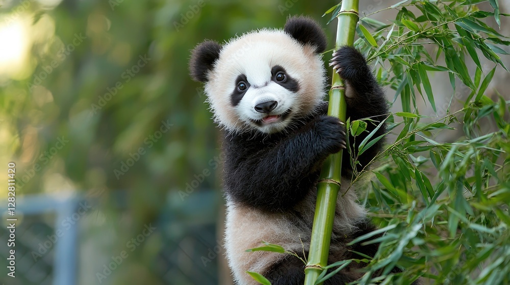 Fototapeta premium Happy panda cub climbing bamboo, lush forest