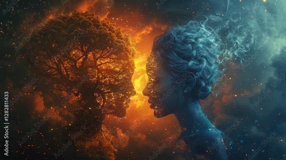 A symbolic image showing two human profiles blended with a tree, split into day and night, representing balance, duality, and connection to nature.