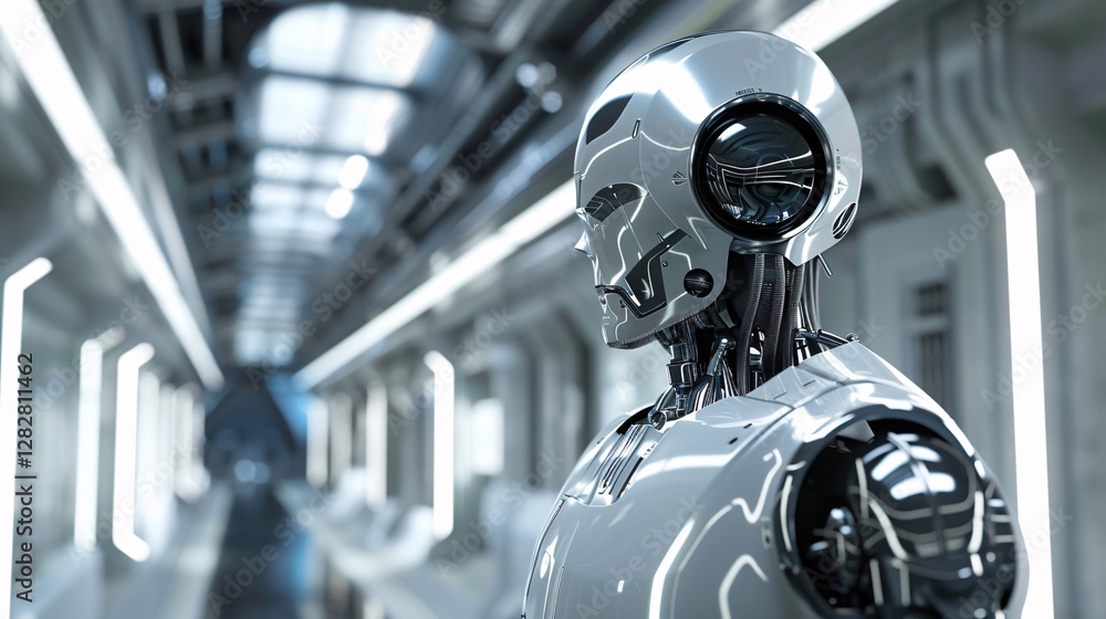 Chrome robot standing in a high-tech environment Chrome robot standing in a high-tech environment