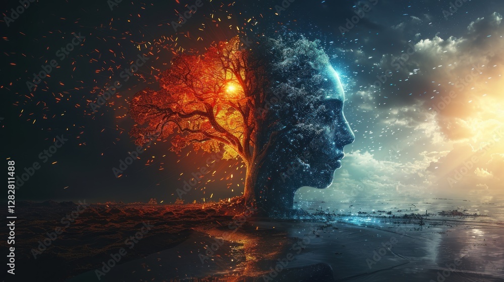 A symbolic image showing two human profiles blended with a tree, split into day and night, representing balance, duality, and connection to nature.