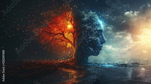 Obraz na płótnie A symbolic image showing two human profiles blended with a tree, split into day and night, representing balance, duality, and connection to nature. w salonie