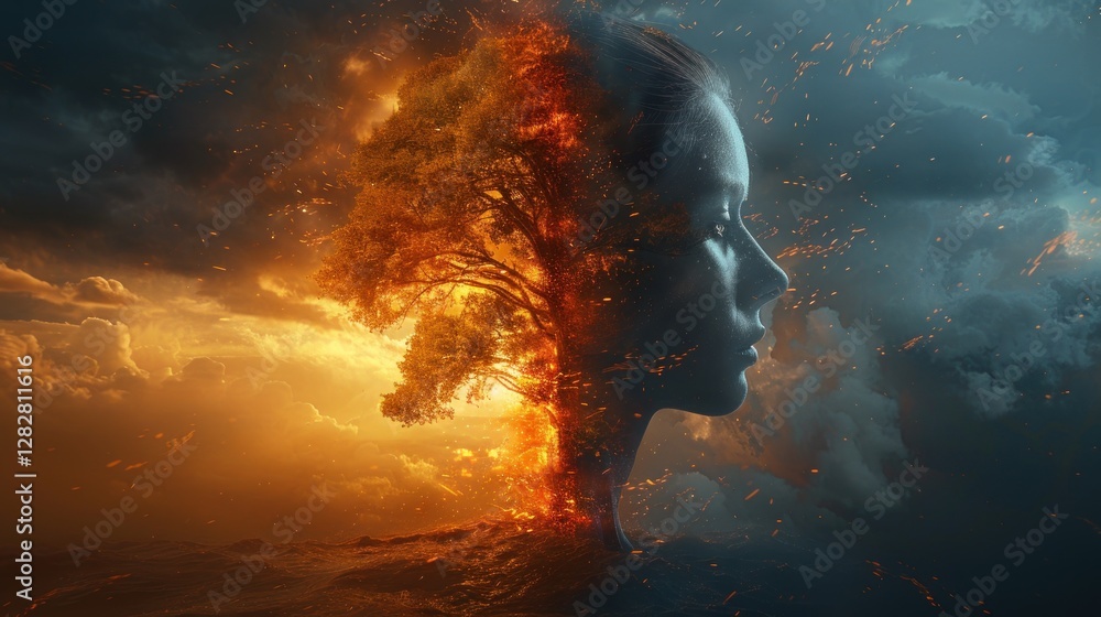 A symbolic image showing two human profiles blended with a tree, split into day and night, representing balance, duality, and connection to nature.