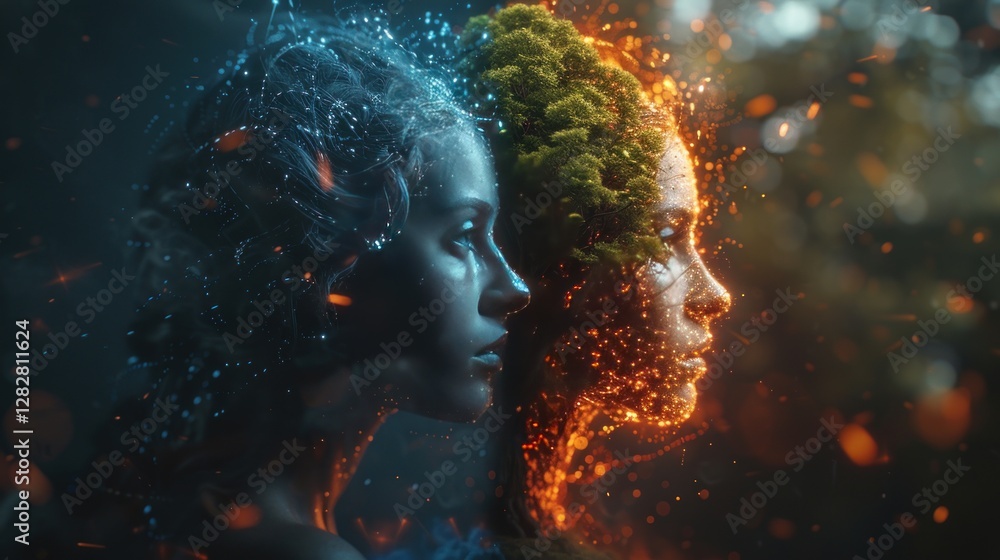 A symbolic image showing two human profiles blended with a tree, split into day and night, representing balance, duality, and connection to nature.
