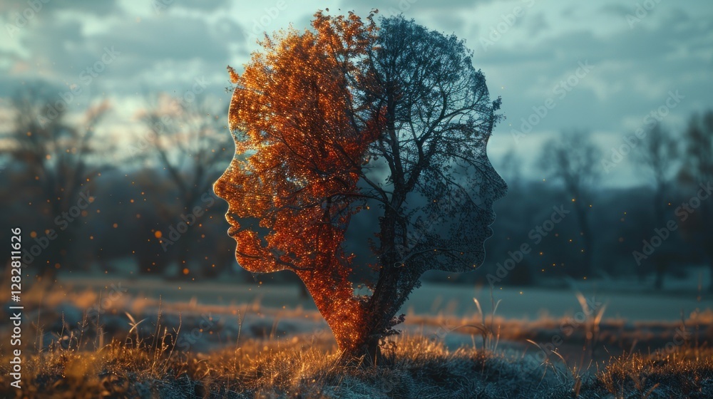 A symbolic image showing two human profiles blended with a tree, split into day and night, representing balance, duality, and connection to nature.
