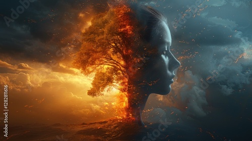 A symbolic image showing two human profiles blended with a tree, split into day and night, representing balance, duality, and connection to nature.
