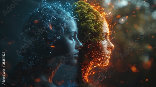 Obraz na płótnie A symbolic image showing two human profiles blended with a tree, split into day and night, representing balance, duality, and connection to nature. w salonie
