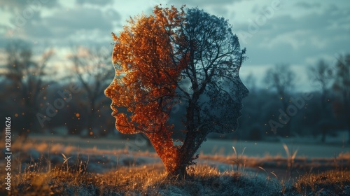 Obraz na płótnie A symbolic image showing two human profiles blended with a tree, split into day and night, representing balance, duality, and connection to nature. w salonie