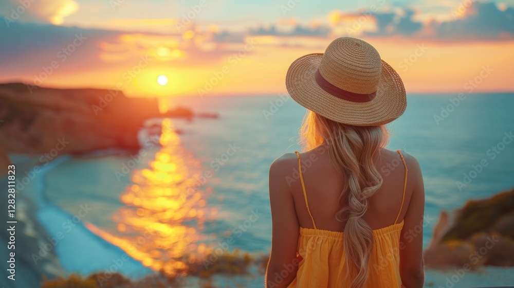 A woman in a hat standing in a convertible, taking a photo of the sunset over the ocean.
