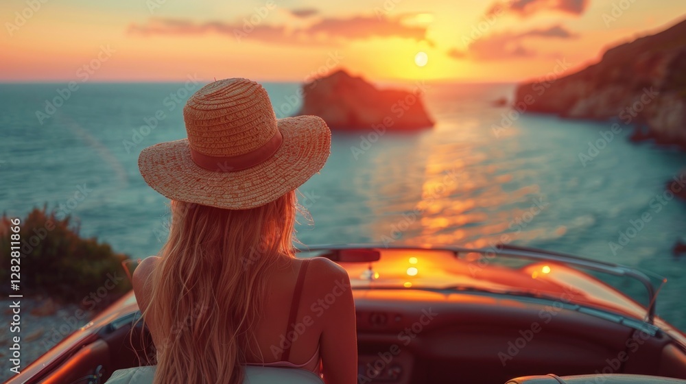 A woman in a hat standing in a convertible, taking a photo of the sunset over the ocean.