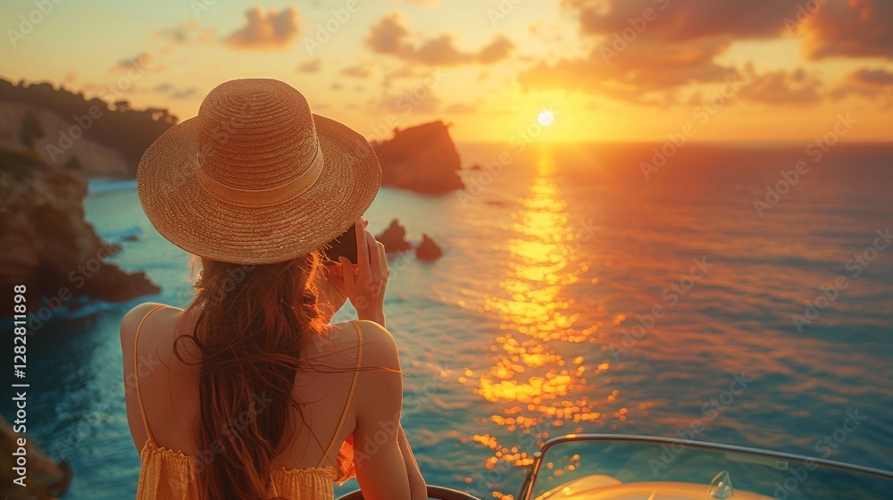 A woman in a hat standing in a convertible, taking a photo of the sunset over the ocean.