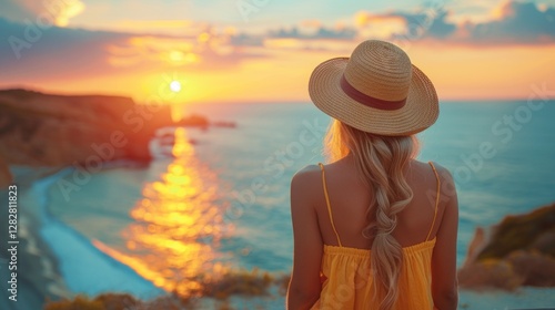 Obraz na płótnie A woman in a hat standing in a convertible, taking a photo of the sunset over the ocean. w salonie