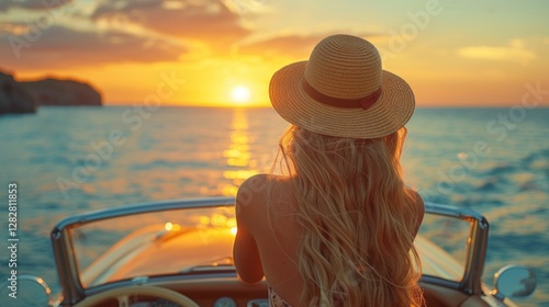 Obraz na płótnie A woman in a hat standing in a convertible, taking a photo of the sunset over the ocean. w salonie