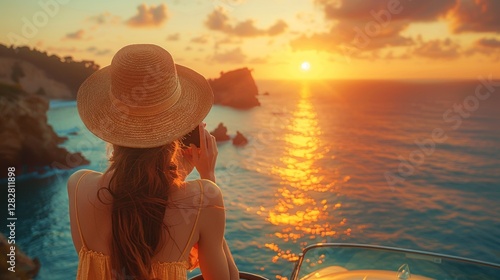 Obraz na płótnie A woman in a hat standing in a convertible, taking a photo of the sunset over the ocean. w salonie