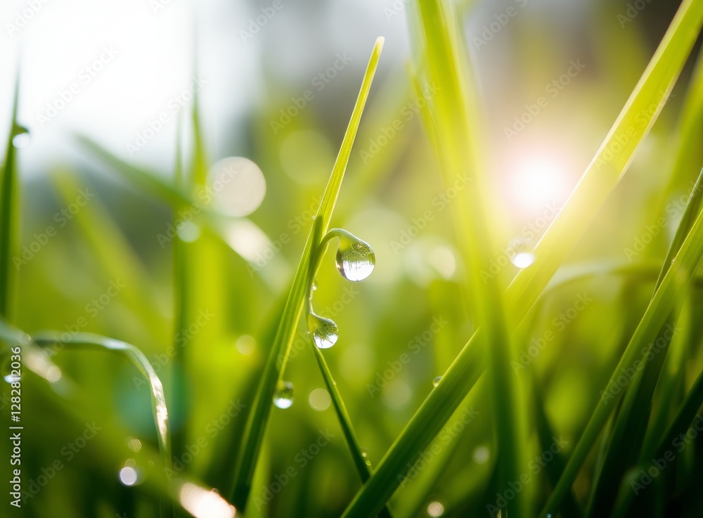 Fototapeta premium Delicate Water Drops Aligned on a Blade of Green Grass, Macro Natural Scene