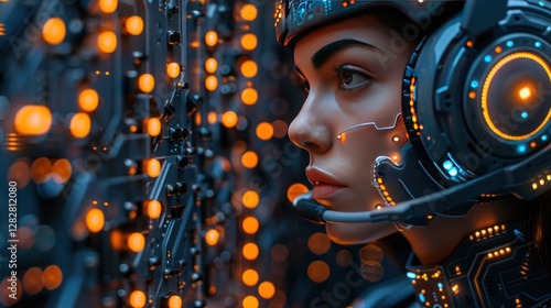 Obraz na płótnie AI assistant head with headphones on a dark circuit board background. w salonie