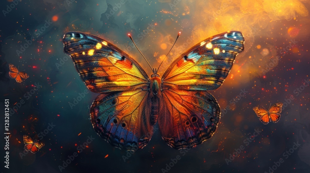Colorful painted butterfly with wings spread out flying, Generative AI illustration.