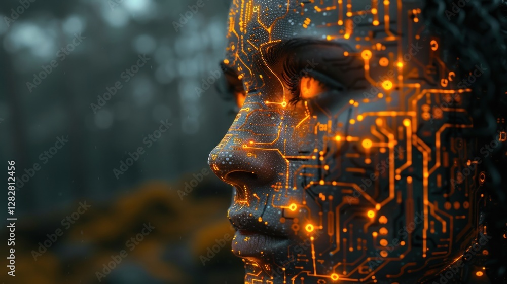 Digital profile of human face with glowing circuit patterns, representing artificial intelligence and technological integration.