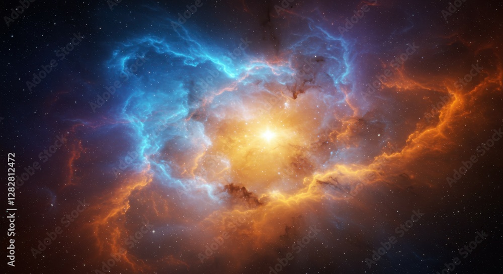 Fototapeta premium cosmic nebula, vibrant colors, swirling gases, glowing core, celestial explosion, blue and orange hues, stellar nursery, space phenomenon, ethereal light, astronomical wonder, high-resolution, photore