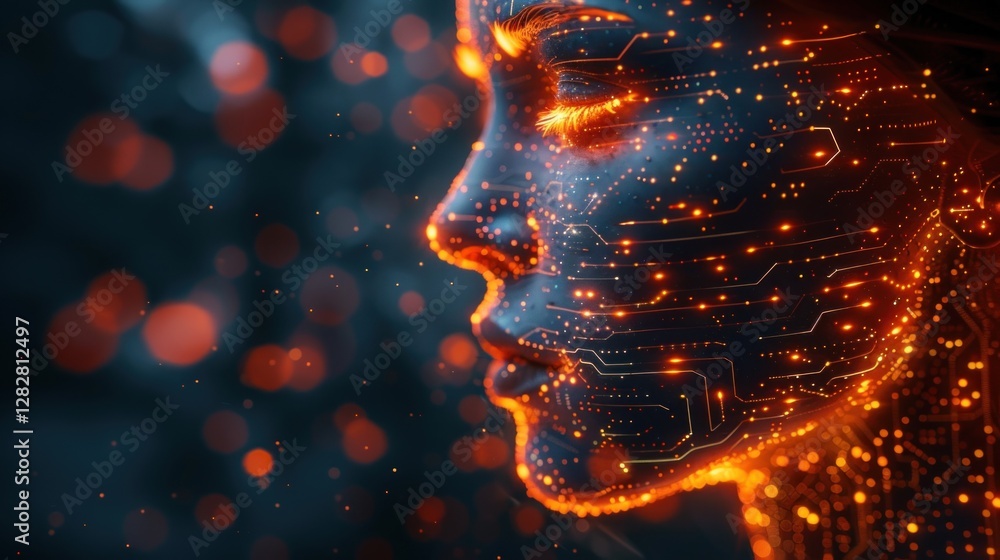 Digital profile of human face with glowing circuit patterns, representing artificial intelligence and technological integration.
