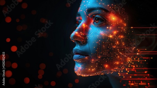 Obraz na płótnie Digital profile of human face with glowing circuit patterns, representing artificial intelligence and technological integration. w salonie