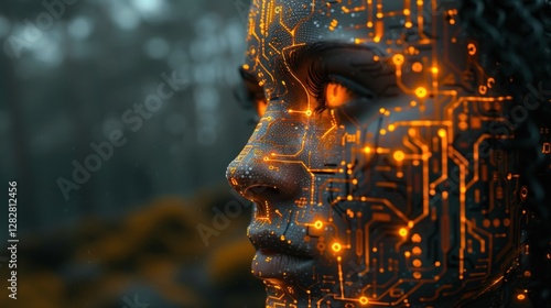 Obraz na płótnie Digital profile of human face with glowing circuit patterns, representing artificial intelligence and technological integration. w salonie