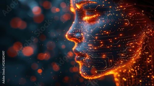 Obraz na płótnie Digital profile of human face with glowing circuit patterns, representing artificial intelligence and technological integration. w salonie