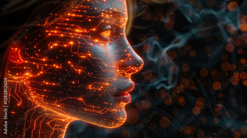 Digital profile of human face with glowing circuit patterns, representing artificial intelligence and technological integration.