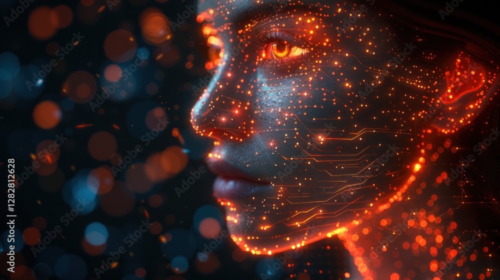 Digital profile of human face with glowing circuit patterns, representing artificial intelligence and technological integration.