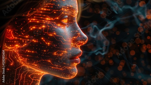Digital profile of human face with glowing circuit patterns, representing artificial intelligence and technological integration.