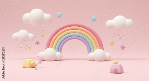 Pastel pink background, 3D rainbow arch, fluffy white clouds, colorful rain droplets, soft lighting, whimsical atmosphere, children's illustration style, dreamy scenery, cotton candy textures, magical