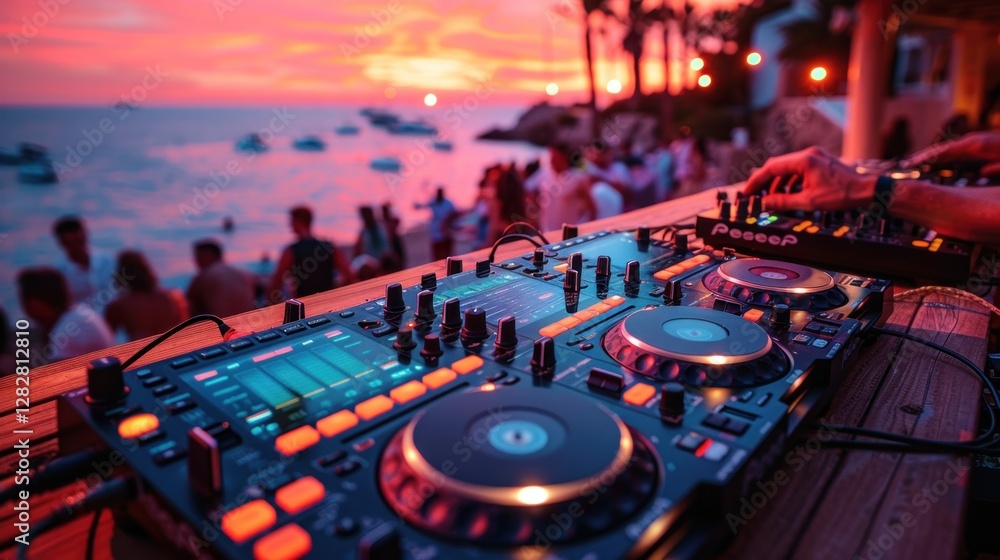 Dj mixing at party with crowd of people in background.
