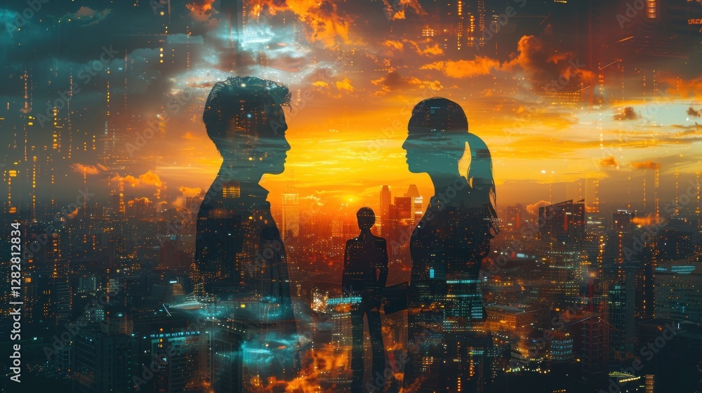 Double-exposure image combining a cityscape with silhouettes of business people shaking hands in a golden sunset.