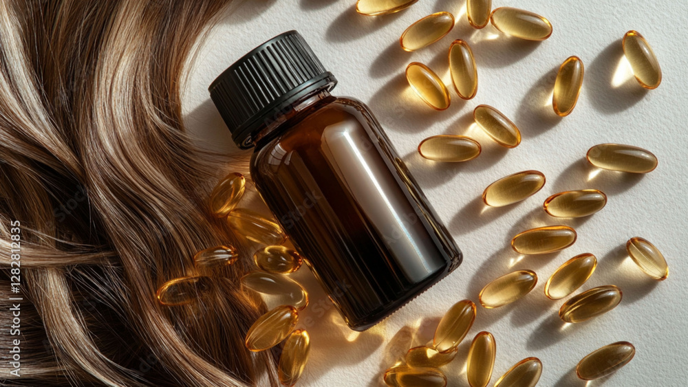 Fototapeta premium An image of a comb and hair with a focus on medicine, pills, and healthcare items such as a bottle, capsule, and tablets