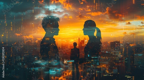 Obraz na płótnie Double-exposure image combining a cityscape with silhouettes of business people shaking hands in a golden sunset. w salonie