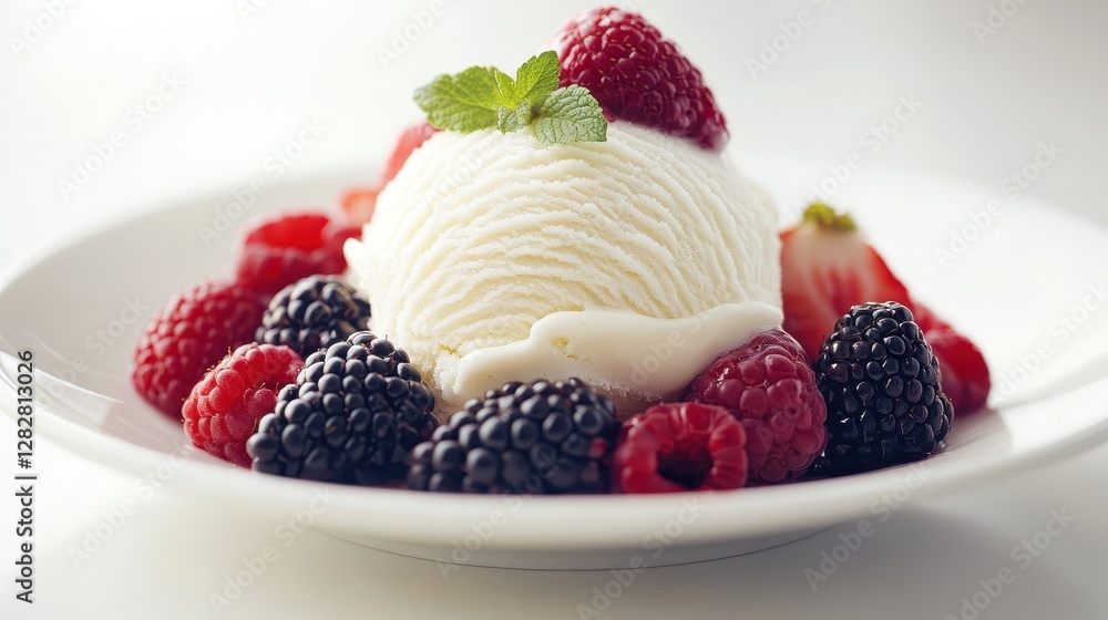 A creamy cloud of vanilla ice cream, adorned with a cascade of vibrant fresh berries, nestled on a pristine white plate, a symphony of flavors and textures. A creamy cloud of vanilla ice cream, adorned with a cascade of vibrant fresh berries, nestled on a pristine white plate, a symphony of flavors and textures.