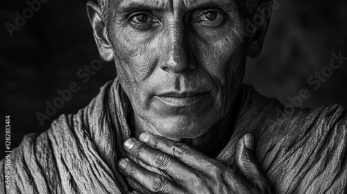 A close-up portrait of a spiritual man with piercing eyes and a solemn expression, hands gently touching his heart in a symbolic gesture of devotion