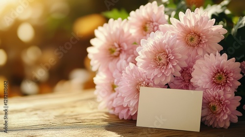 A soft, golden light bathed a wooden table, revealing a vibrant bouquet of pink chrysanthemums, their petals softly unfurling like miniature fireworks, while a delicate blank card, a silent