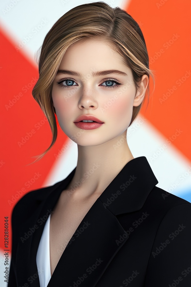 Elegant Woman in Black Blazer Against Vibrant Geometric Background Elegant Woman in Black Blazer Against Vibrant Geometric Background