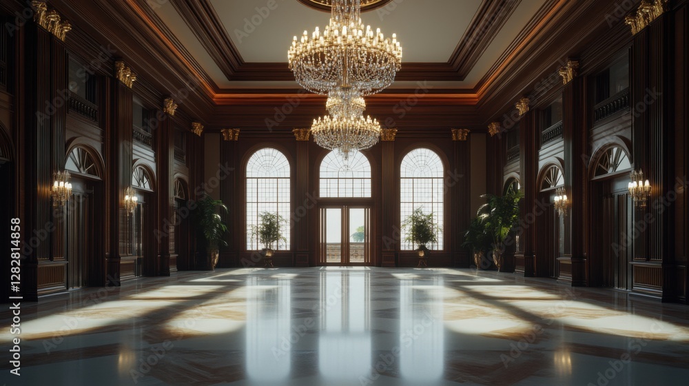 Obraz premium A legislative hall with grand chandeliers and dark wood accents. Featuring luxury and elegance