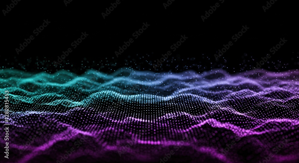 abstract waves, particle flow, digital visualization, neon colors, teal, blue, purple, black background, fluid motion, dynamic lines, sound waves, data visualization, futuristic, high contrast, colorf abstract waves, particle flow, digital visualization, neon colors, teal, blue, purple, black background, fluid motion, dynamic lines, sound waves, data visualization, futuristic, high contrast, colorf