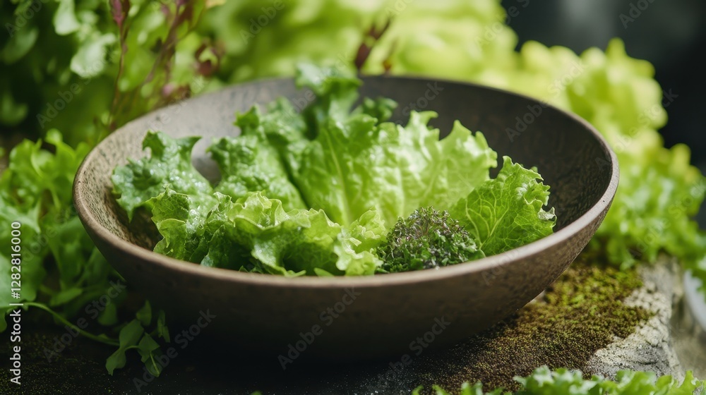 A vibrant green lettuce, plucked straight from its verdant bed, rests in a rustic brown bowl on a textured surface of earthy greens, a testament to the bounty of the harvest. A vibrant green lettuce, plucked straight from its verdant bed, rests in a rustic brown bowl on a textured surface of earthy greens, a testament to the bounty of the harvest.