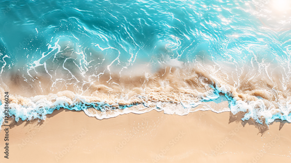 Naklejka premium Abstract view of a sand beach from above with light blue transparent water waves and sunlight, conveying a summer vacation concept. Ideal for banners with natural beauty spa themes 