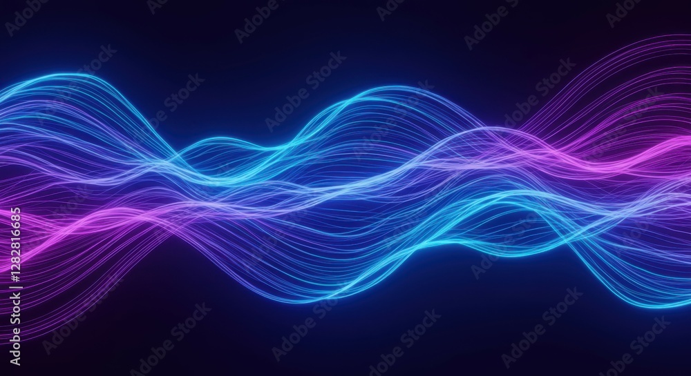 Naklejka premium Abstract waves, neon blue and purple, glowing lines, digital art, flowing energy, vibrant colors, smooth curves, dynamic motion, futuristic, ethereal, light trails, electric atmosphere, dark backgroun