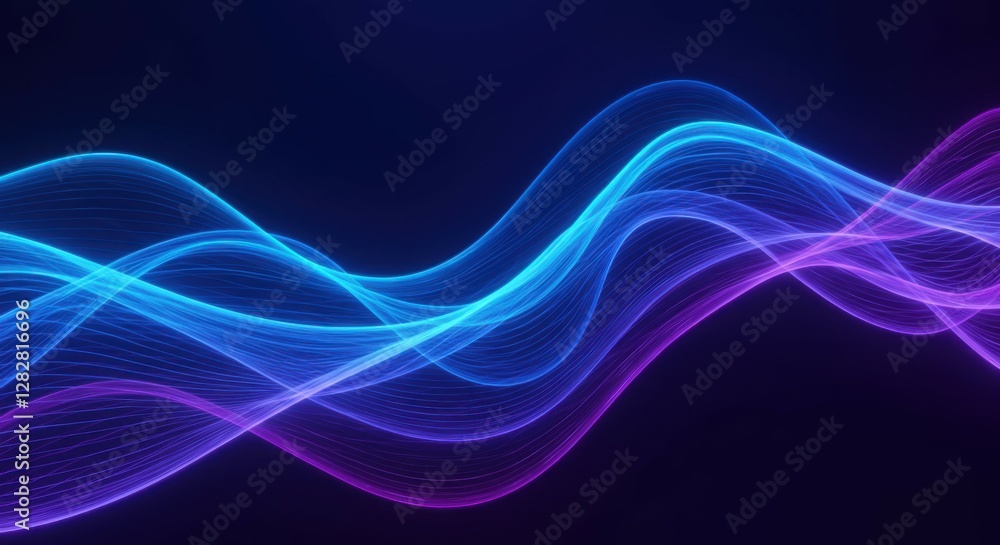 Naklejka premium Abstract waves, neon blue and purple, glowing lines, digital art, flowing energy, vibrant colors, smooth curves, dynamic motion, futuristic, ethereal, light trails, electric atmosphere, dark backgroun
