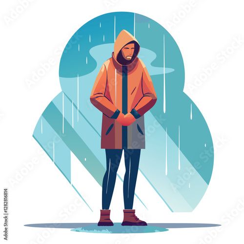 Shivering Figure in Cold Rain: Minimalist Depiction of Hypothermia  
