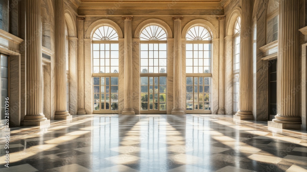 Fototapeta premium A legislative hall with grand marble pillars and large windows. Featuring authority and transparency