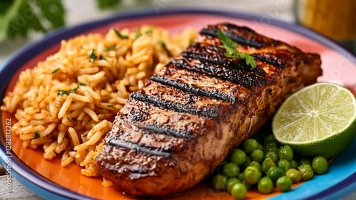 Grilled fish, rice, peas, lime; healthy meal