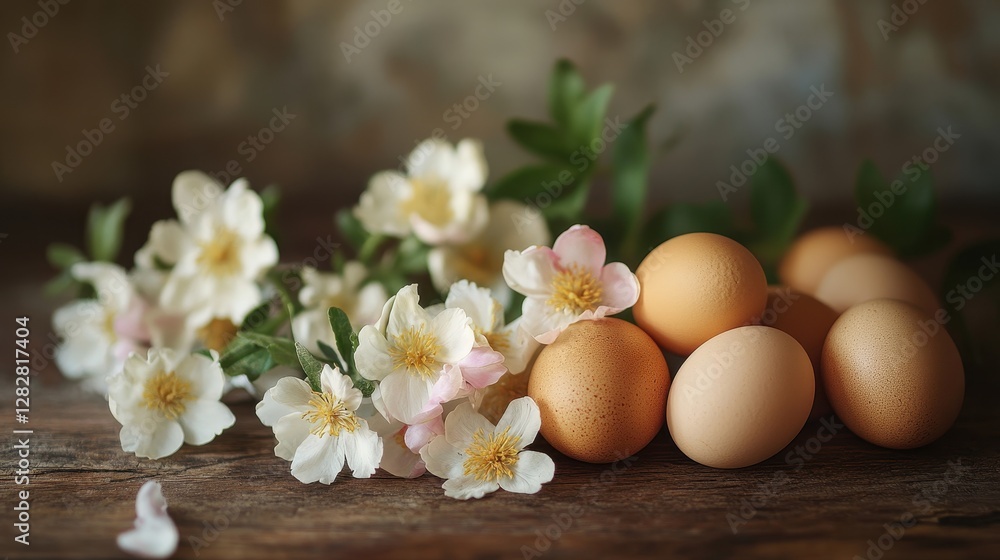 A rustic wooden table, bathed in the warm glow of natural light, hosts a simple yet charming scene: a collection of fresh, golden eggs, their shells still adorned with remnants of their delicate pink A rustic wooden table, bathed in the warm glow of natural light, hosts a simple yet charming scene: a collection of fresh, golden eggs, their shells still adorned with remnants of their delicate pink
