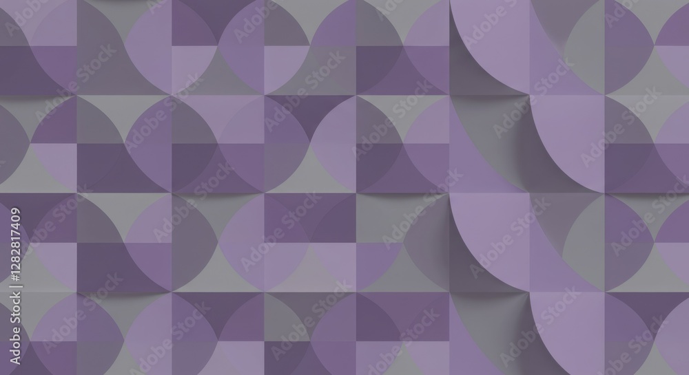 Obraz premium geometric patterns, abstract design, purple and gray tones, 3D effect, mosaic tiles, minimalist style, shadows and depth, repeating shapes, paper-like texture, architectural elements, modern art, subt