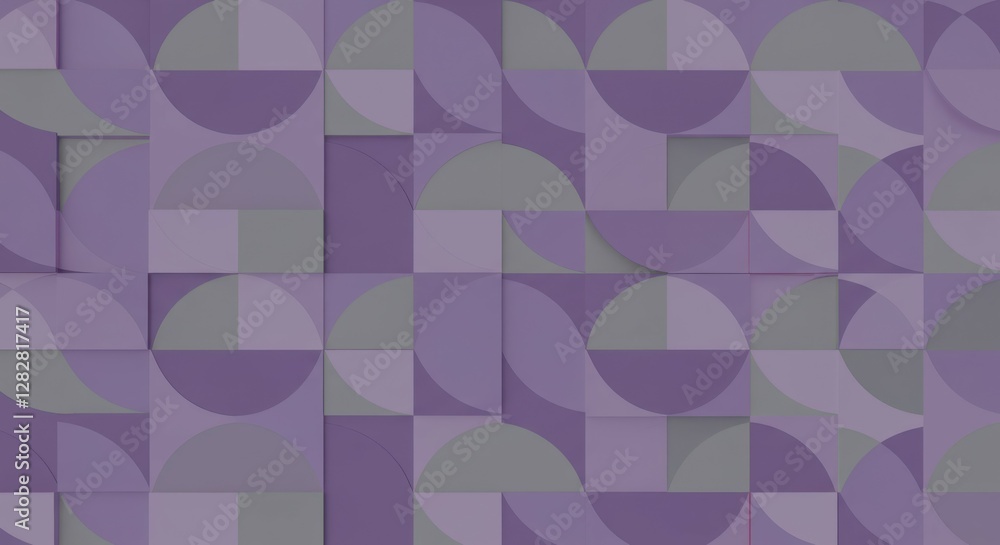 Obraz premium geometric patterns, abstract design, purple and gray tones, 3D effect, mosaic tiles, minimalist style, shadows and depth, repeating shapes, paper-like texture, architectural elements, modern art, subt
